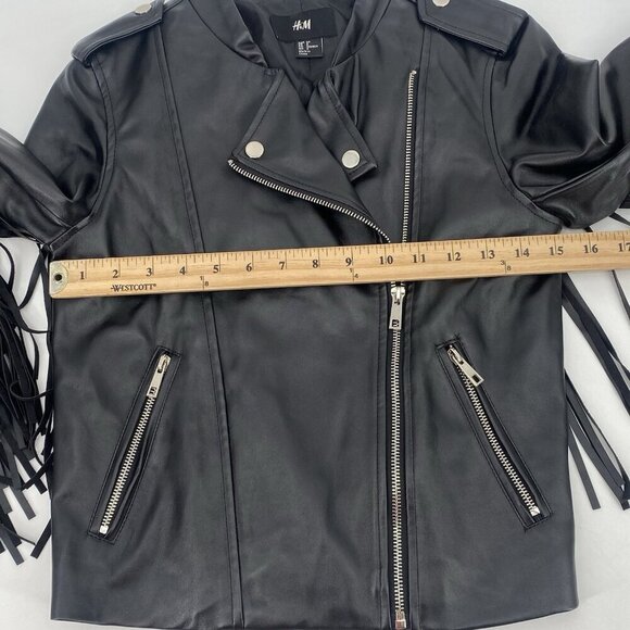 H&M Size 4 Black Faux Leather Brando Style Jacket With Fringes Western Boho - Picture 10 of 12